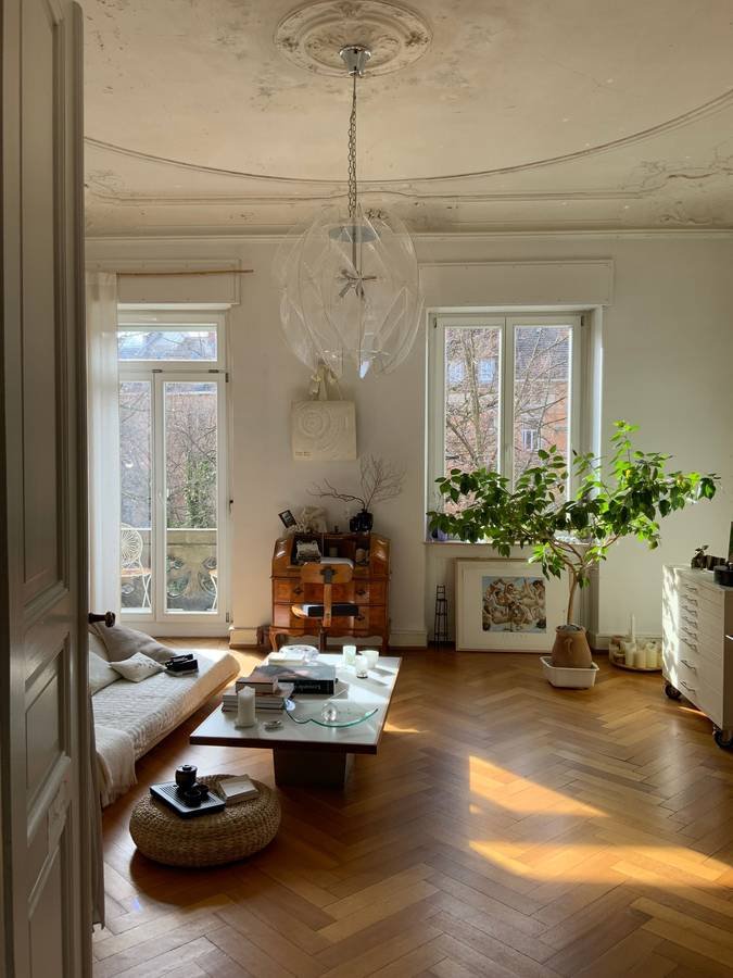 A sunlit classical living room with a ceiling rose, tall French windows, herringbone floors and plants