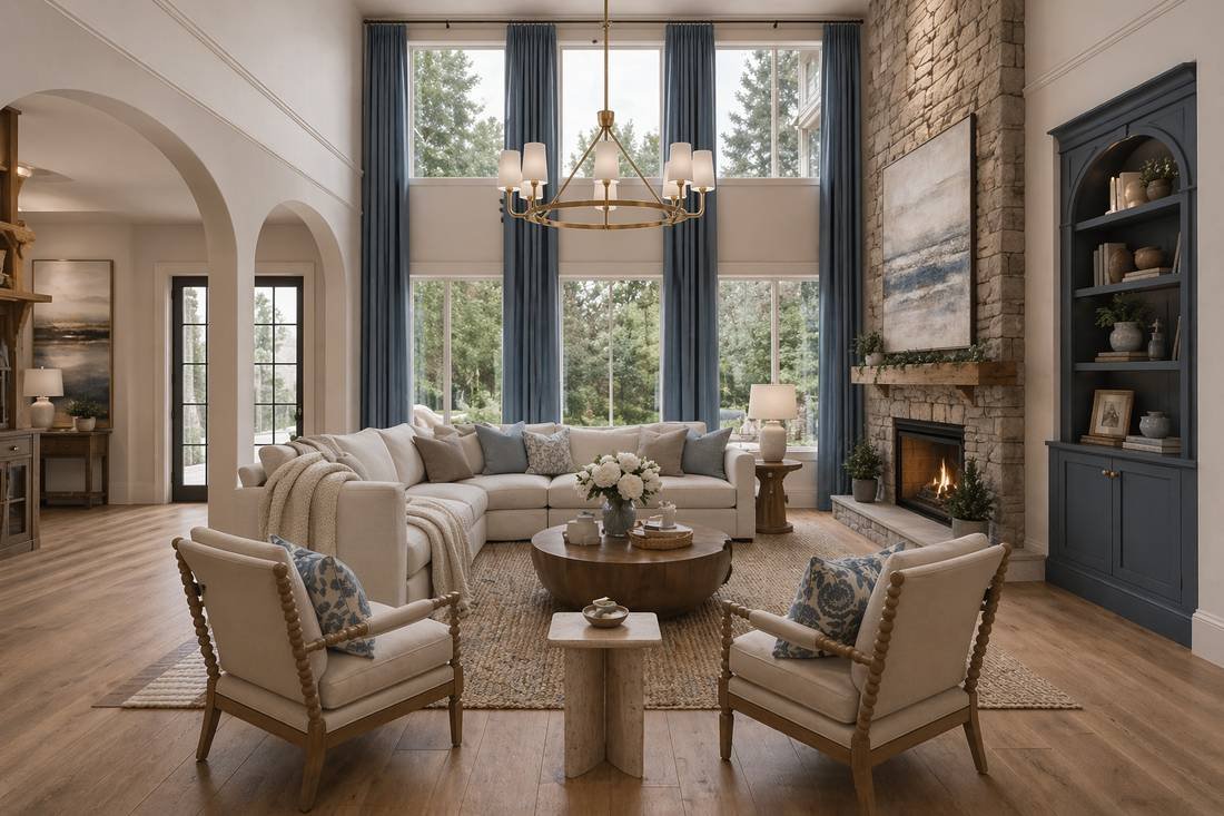 A warm living room with arched openings, a stone fireplace and blue built-ins