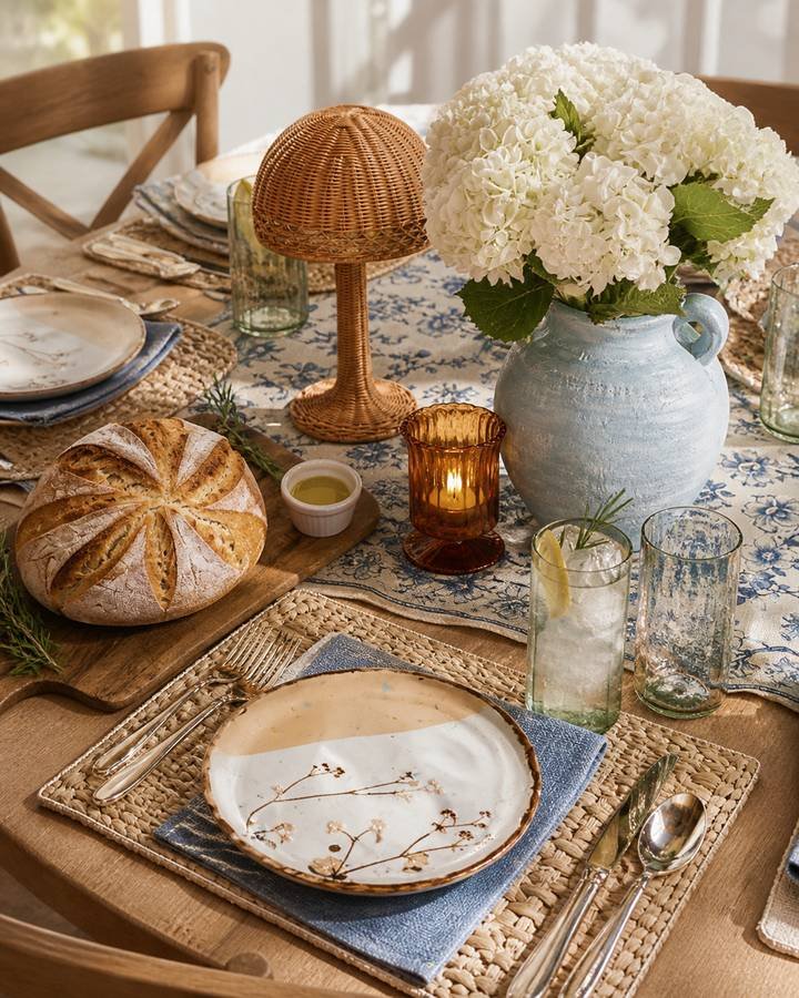 A tablescape with blue and white linens, hydrangeas, bread and candlelight