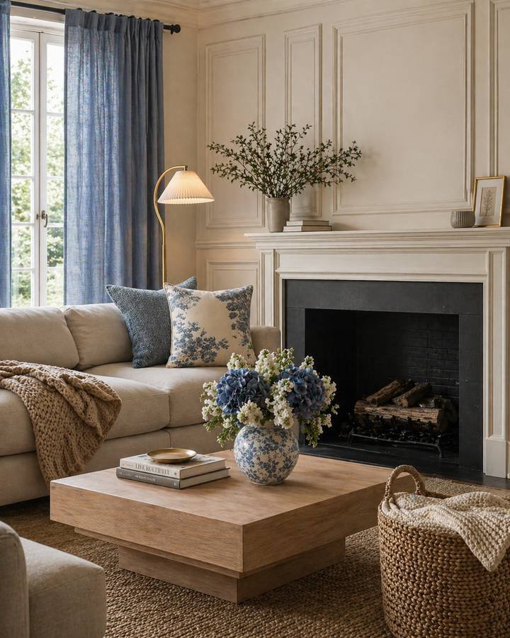 A classic living room with a white fireplace, blue and white porcelain and a pale oak coffee table