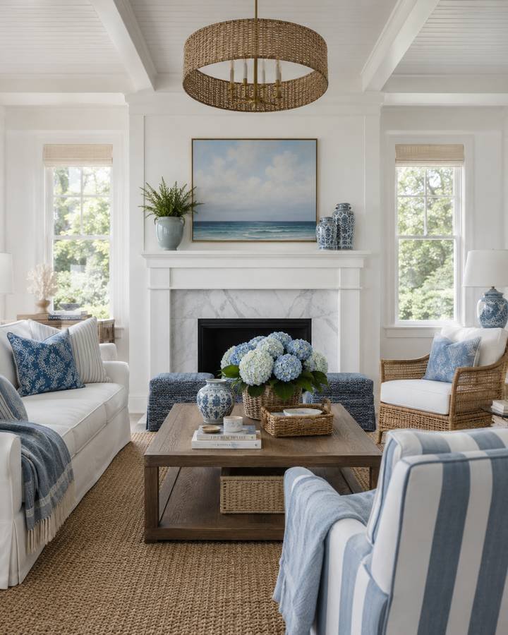 A coastal classic living room with striped armchairs, blue hydrangeas and a white mantel