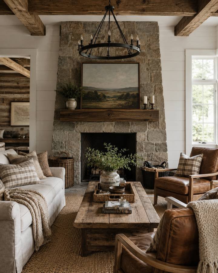 A rustic living room with a stone fireplace, leather chairs and a wrought-iron chandelier