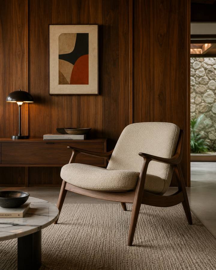 A cream reading chair against walnut panelling with abstract art